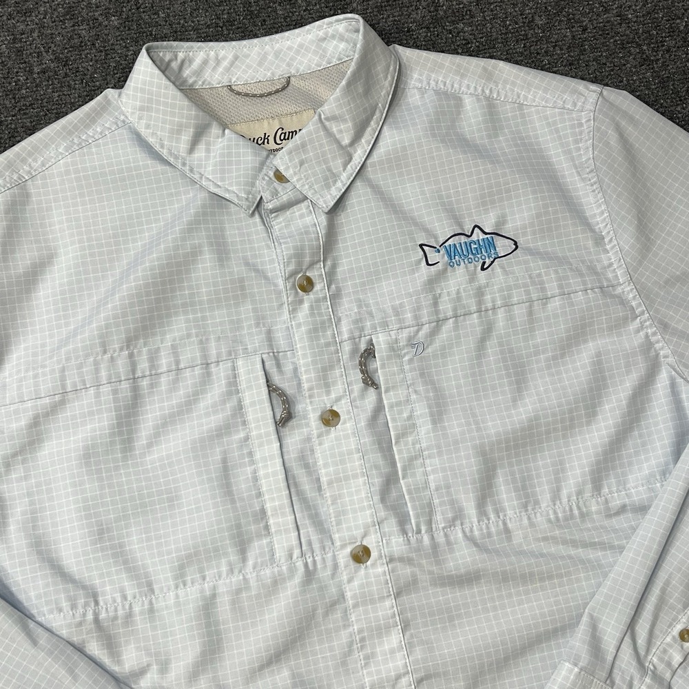 Duck Camp Lightweight Fishing Shirt Mens XL Blue Grid Vented Zip Pocket Logo